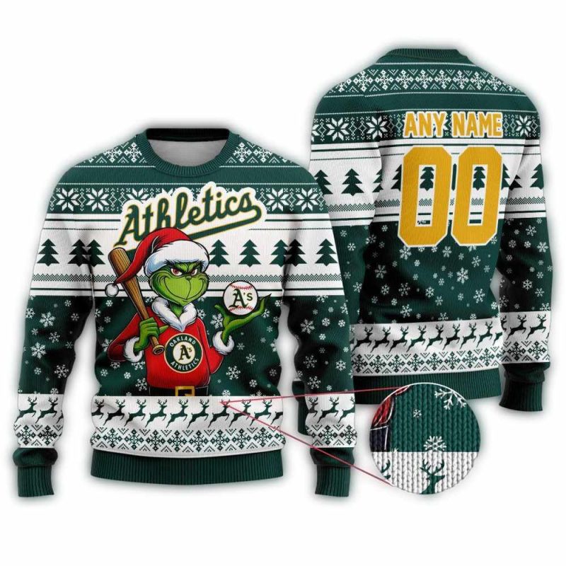 Personalized Oakland Athletics Grinch Baseball Christmas Ugly Sweater 1