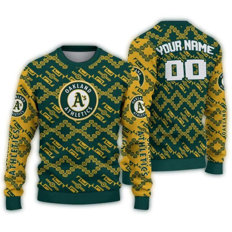 Personalized Oakland Athletics Lattice Gridwork Ugly Sweater 1
