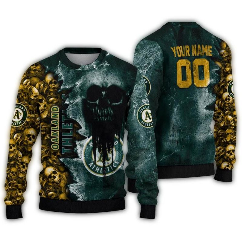 Personalized Oakland Athletics Skull Collage Green Ugly Sweater 1
