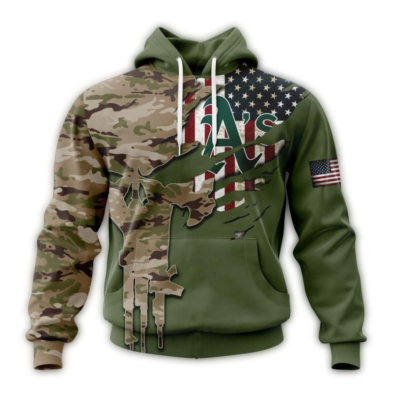 Personalized Oakland Athletics Skull Punisher Camo For Veteran Day AOP Hoodie 1