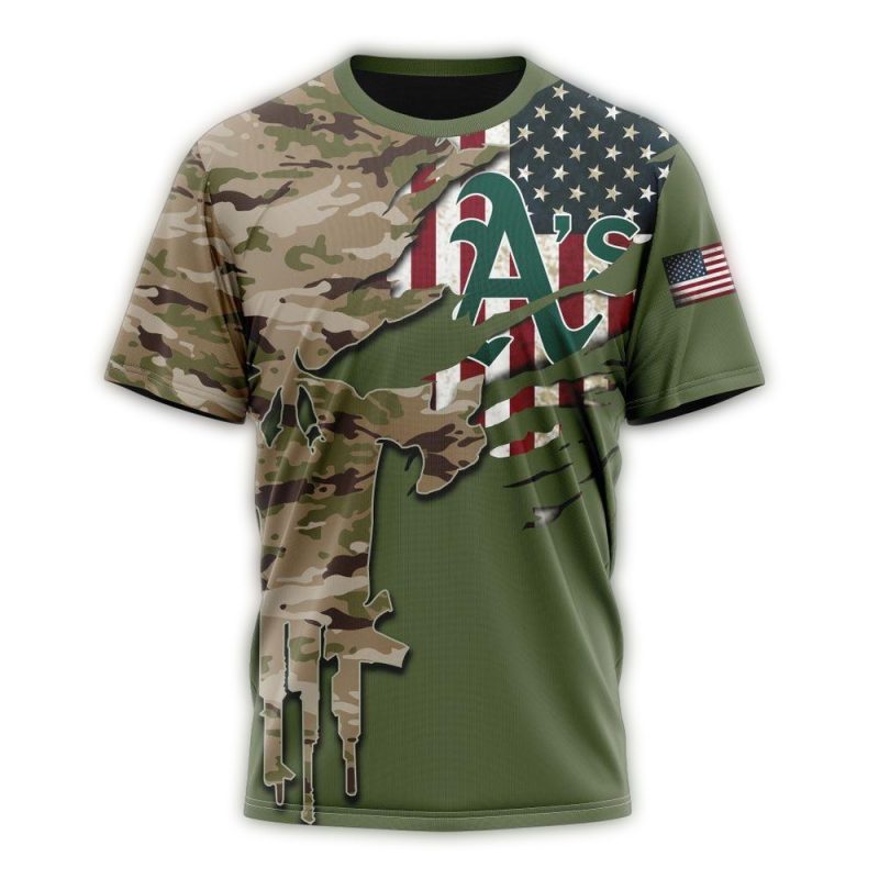 Personalized Oakland Athletics Skull Punisher Camo For Veteran Day AOP T Shirt 1