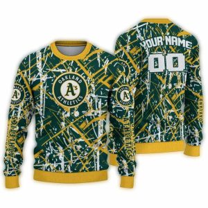 Personalized Oakland Athletics Green Streak Overlay Ugly Sweater
