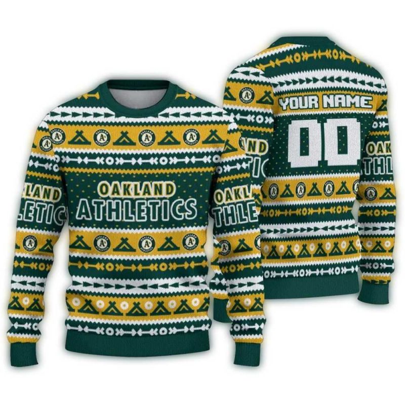 Personalized Oakland Athletics Tent Stripes Green White Ugly Sweater 1
