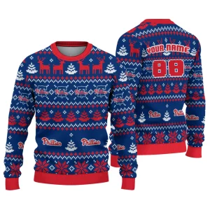 Personalized Philadelphia Phillies Deer Pattern Christmas Ugly Sweater