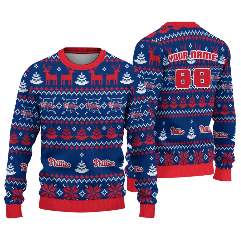 Personalized Philadelphia Phillies Deer Pattern Christmas Ugly Sweater 1