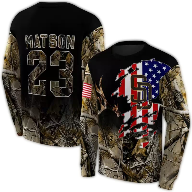 Personalized San Diego Padres Tree Camo Flag American AOP Sweatshirt 1