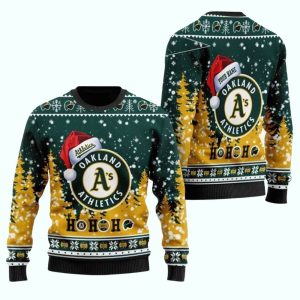 Personalized Oakland Athletics Christmas Ugly Sweater With Santa Hat Design