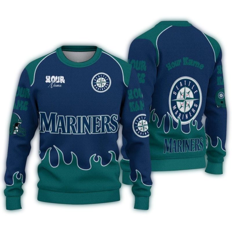 Personalized Seattle Mariners Flame Border Ugly Sweater 1