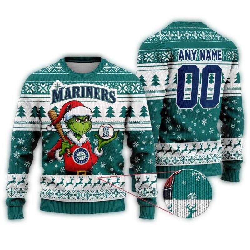 Personalized Seattle Mariners Grinch Play Baseball Christmas Ugly Sweater 1