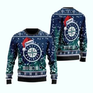Personalized Seattle Mariners Santa Hat Ugly Sweater - Ho Ho Ho Design