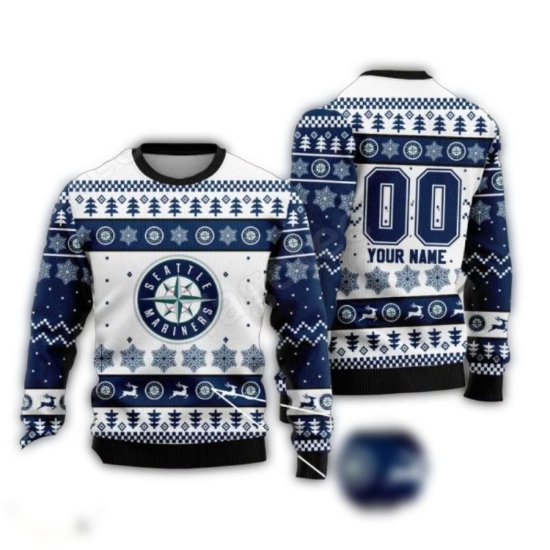 Personalized Seattle Mariners Snowflakes And Deer Festive Christmas Ugly Sweater 1
