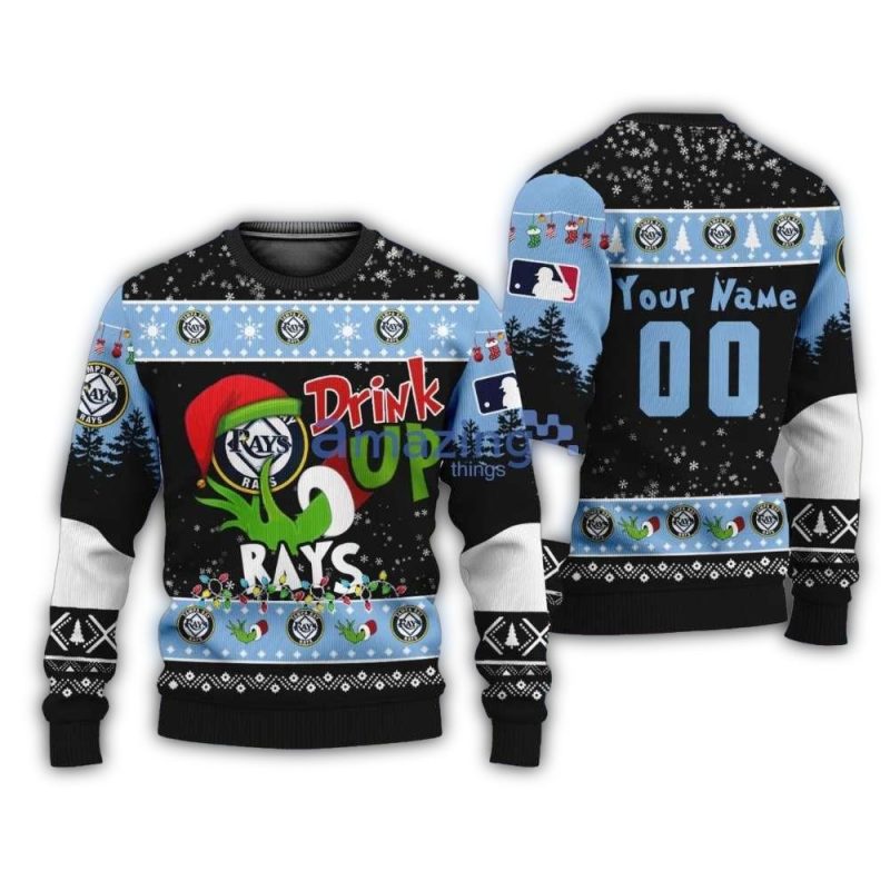 Personalized Tampa Bay Rays Grinch Drink Up Santa Hat Ugly Christmas Sweater 1