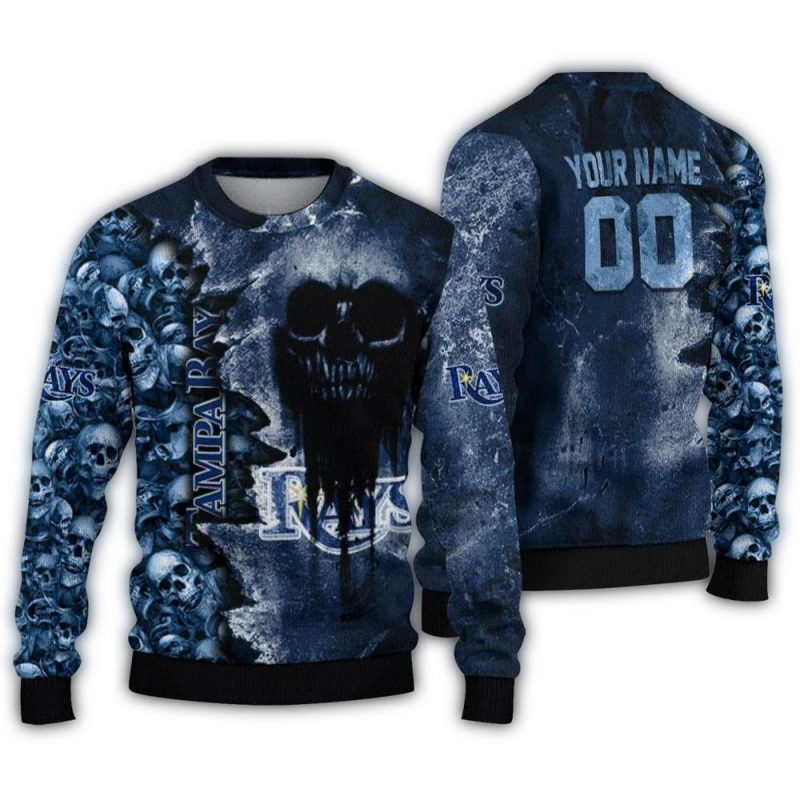 Personalized Tampa Bay Rays Skull Collage Ugly Sweater 1