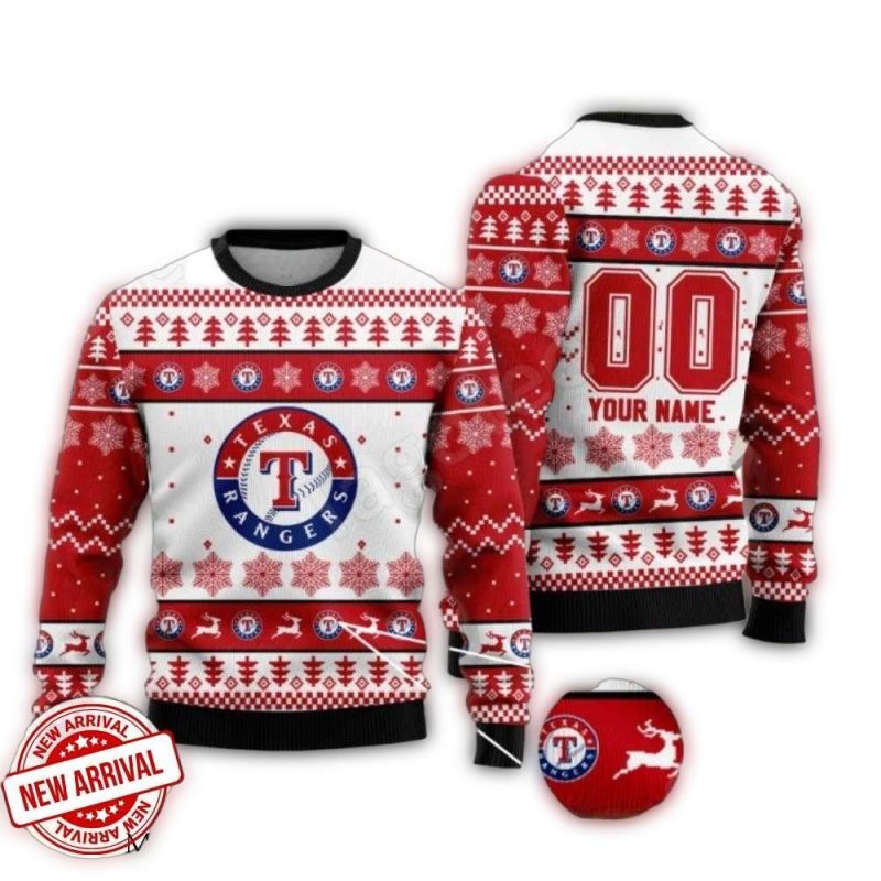 Personalized Texas Rangers Red White Christmas Ugly Sweater 1
