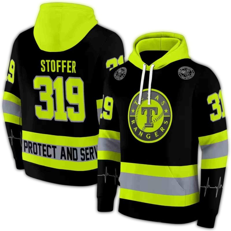 Personalized Texas Rangers Safety Motif Black Neon Green AOP Hoodie 1