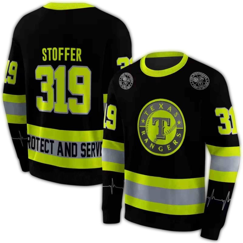 Personalized Texas Rangers Safety Motif Black Neon Green AOP Sweatshirt 1