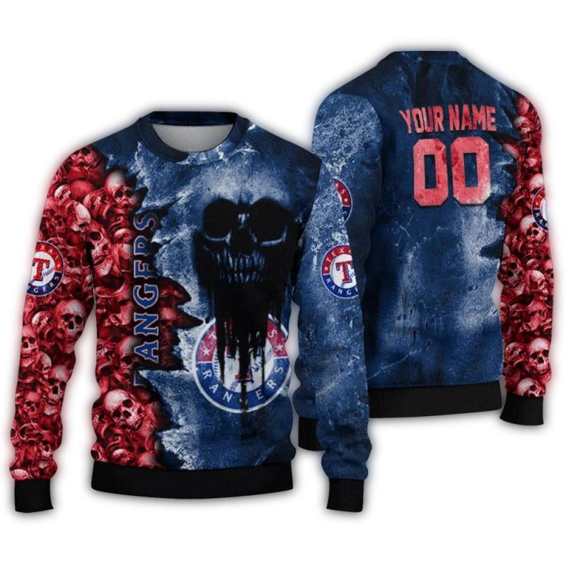 Personalized Texas Rangers Skull Collage Ugly Sweater 1