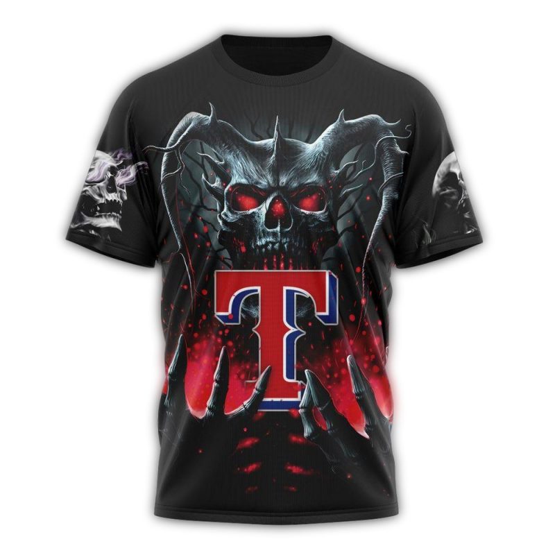 Personalized Texas Rangers Skull Halloween AOP T Shirt 1
