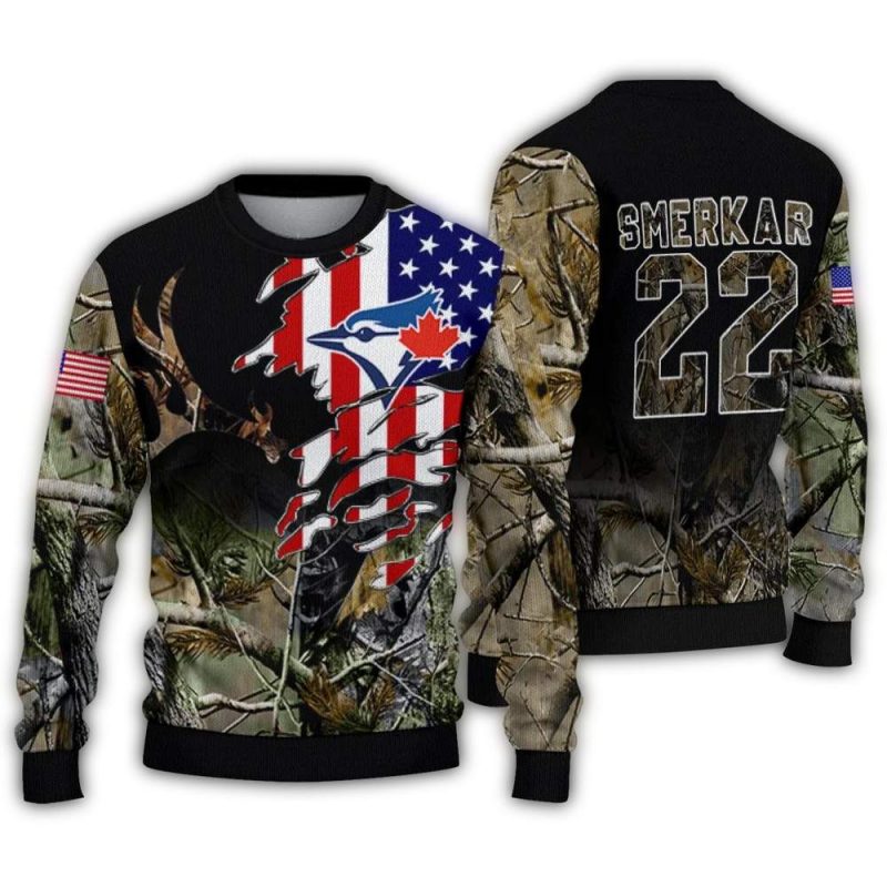 Personalized Toronto Blue Jays American Flag Claw Ugly Sweater 1