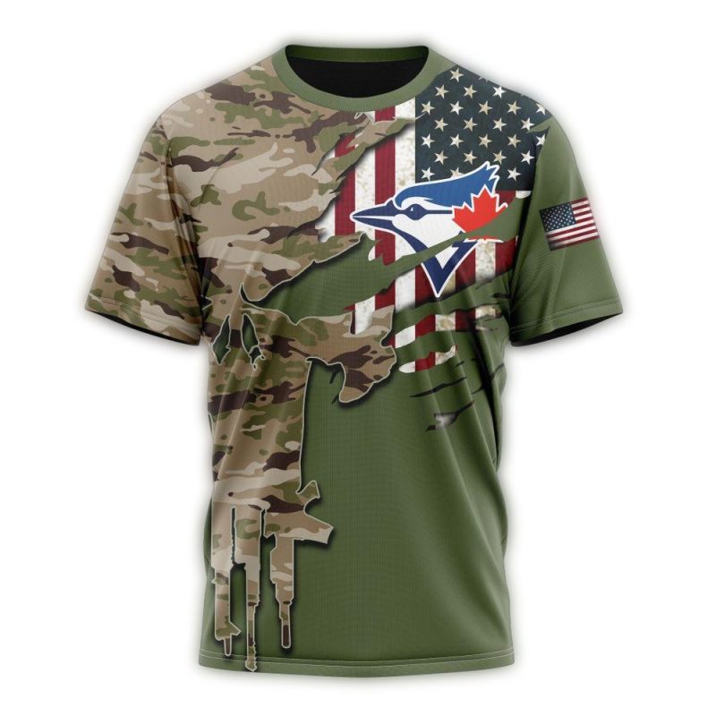 Personalized Toronto Blue Jays Camo Design For Veterans Day AOP T Shirt 1