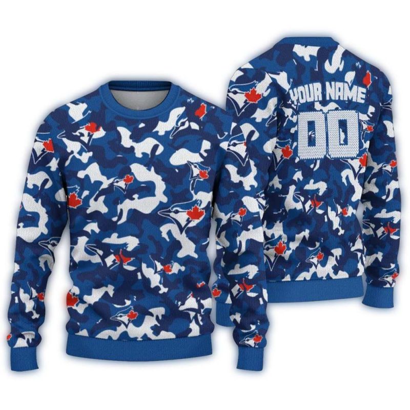 Personalized Toronto Blue Jays Camouflage Motif Ugly Sweater 1