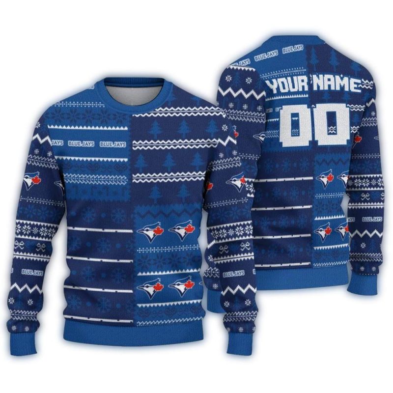Personalized Toronto Blue Jays ChristmasTree Bands White Ugly Sweater 1