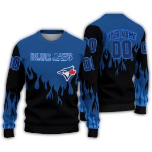 Personalized Toronto Blue Jays Flame Outline Ugly Sweater
