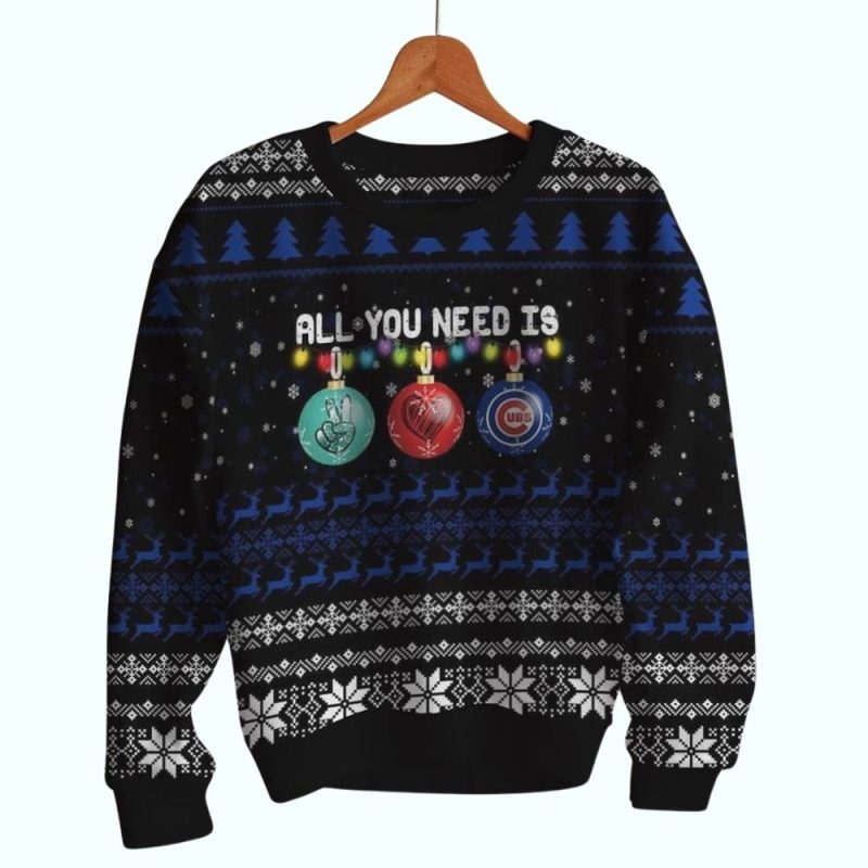 Personalized Name and Number All You Need Is Peace Love And Chicago Cubs Ugly Sweater