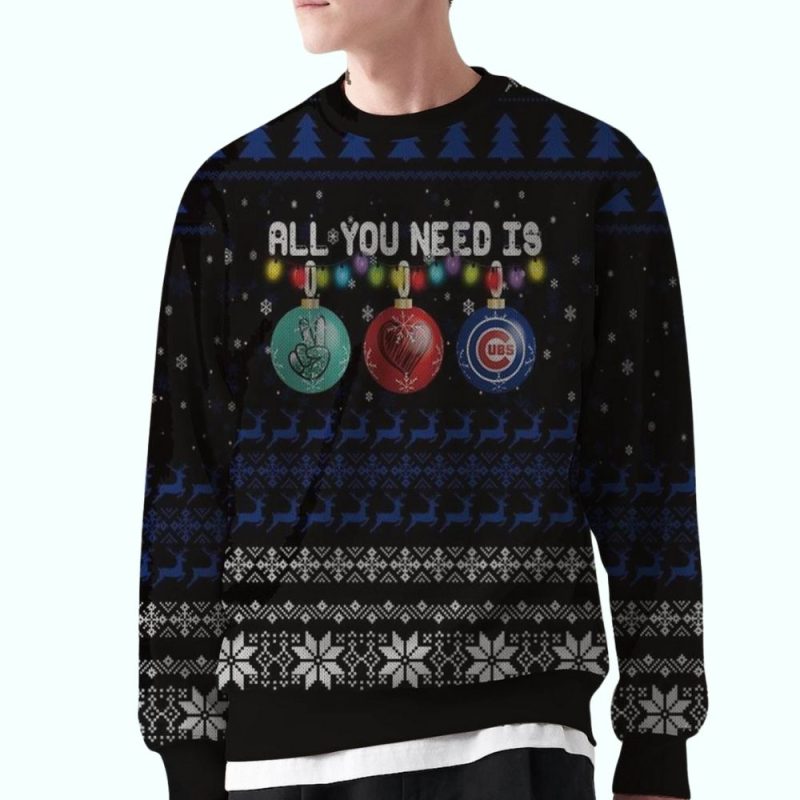 Personalized Name and Number All You Need Is Peace Love And Chicago Cubs Ugly Sweater - Image 2