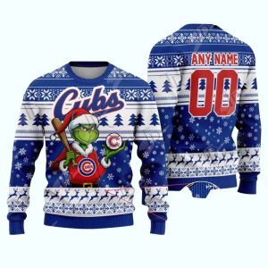 Personalized Name and Number Chicago Cubs Grinch Merry Christmas Ugly Sweater