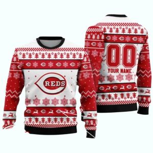 Personalized Name and Number Cincinnati Reds Christmas Ugly Sweater