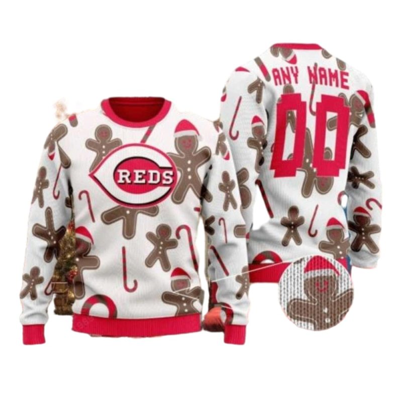 Personalized Name and Number Cincinnati Reds Gingerbread Ugly Sweater