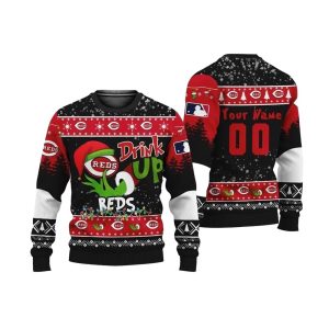 Personalized Name and Number Cincinnati Reds Grinch Drink Up Christmas Ugly Sweater