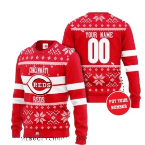 Personalized Name and Number Cincinnati Reds Pattern Christmas Ugly Sweater