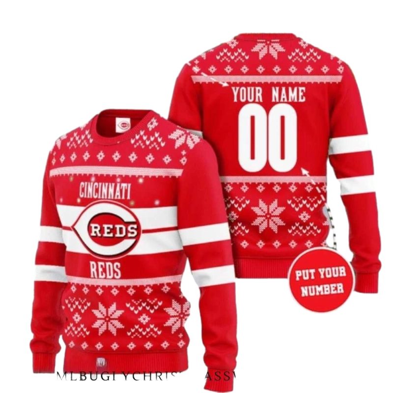 Personalized Name and Number Cincinnati Reds Pattern Christmas Ugly Sweater