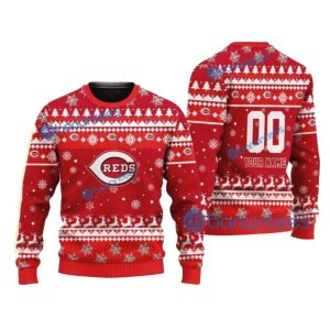 Personalized Name and Number Cincinnati Reds Snowy Pattern Ugly Sweater