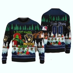 Personalized Name and Number Grinch I Just Wanna Milwaukee Brewers Ugly Sweater