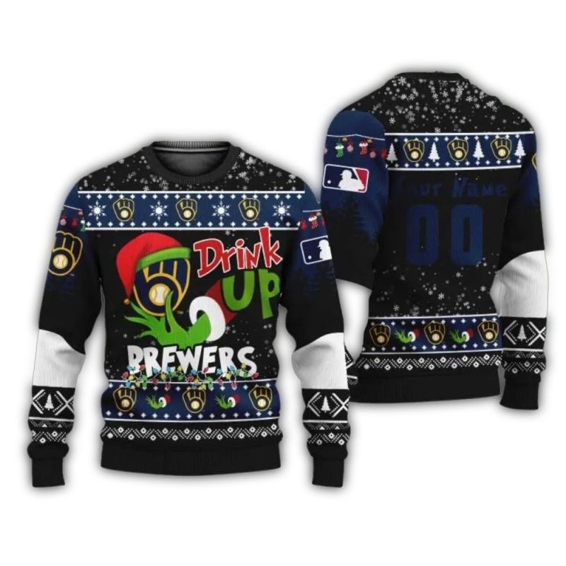 Personalized Name and Number Milwaukee Brewers Drink Up Grinch Ugly Sweater