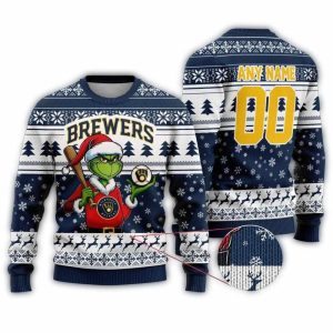Personalized Name and Number Milwaukee Brewers Grinch Christmas Ugly Sweater