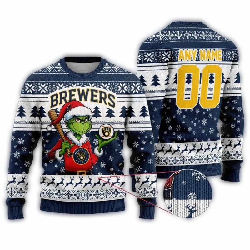 Personalized Name and Number Milwaukee Brewers Grinch Christmas Ugly Sweater