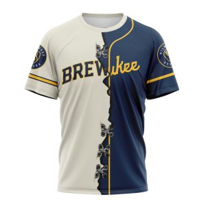 Custom Milwaukee Brewers Navy and White All-Over Print T-Shirt