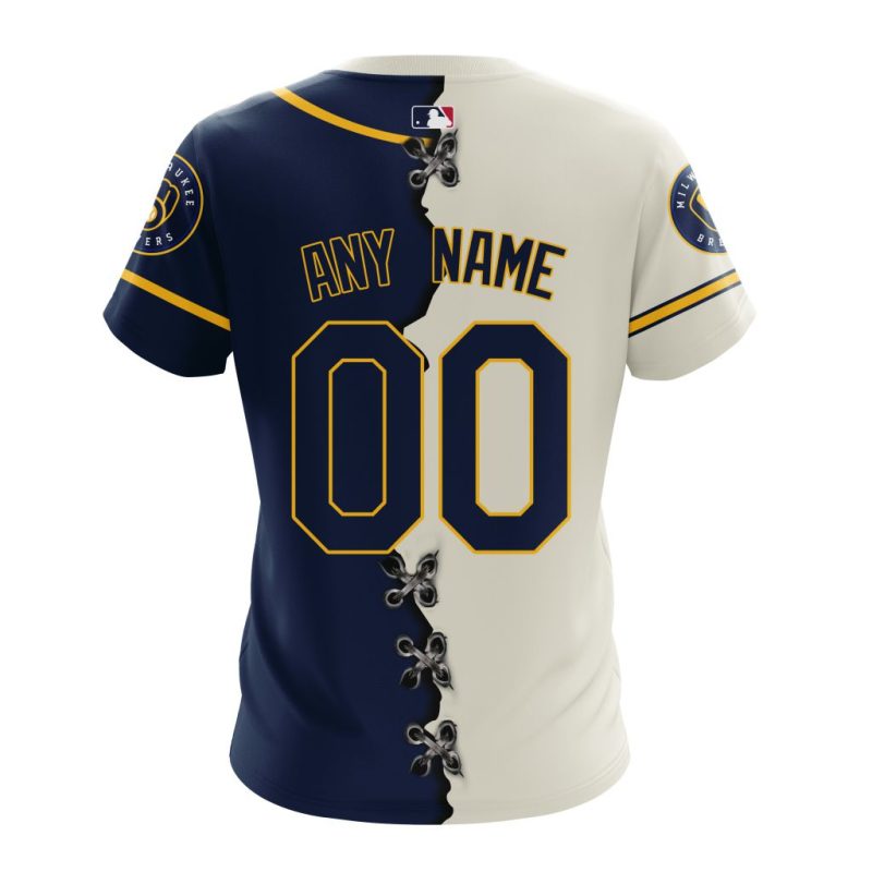 Custom Milwaukee Brewers Navy and White All-Over Print T-Shirt - Image 2