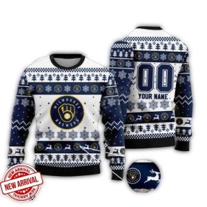 Personalized Name and Number Milwaukee Brewers Snowflake Christmas Ugly Sweater