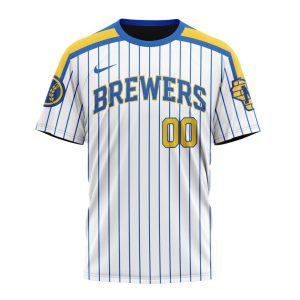 Custom Milwaukee Brewers Striped T-Shirt in White and Blue Print