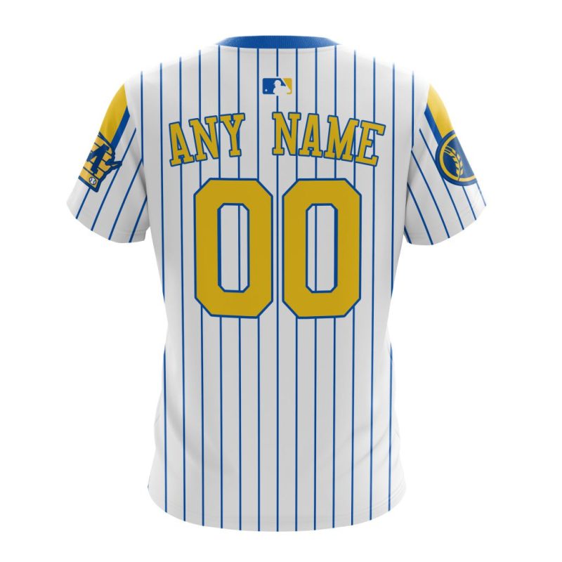 Custom Milwaukee Brewers Striped T-Shirt in White and Blue Print - Image 2