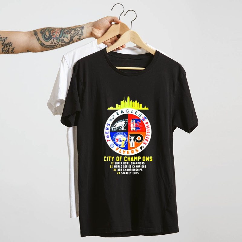 Philadelphia Eagles Phillies 76ers Flyers Skyline Icons Graphic T-Shirt - Image 4