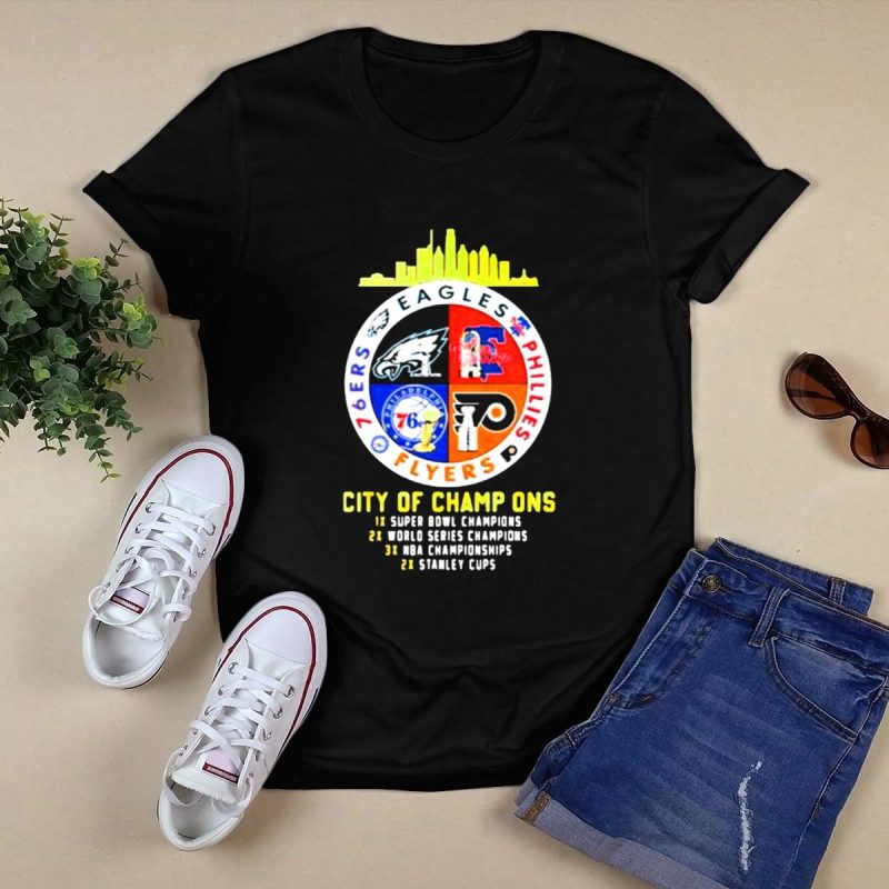 Philadelphia Eagles Phillies 76ers Flyers Skyline Icons Graphic T-Shirt - Image 5