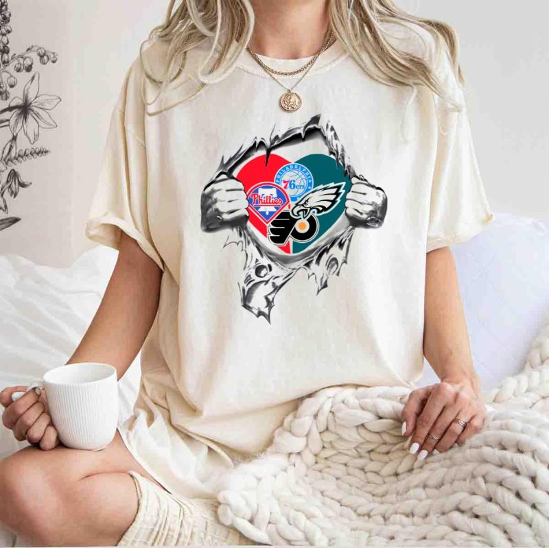 Philadelphia Phillies 76ers Eagles Flyers Heart Graphic T-Shirt for Fans