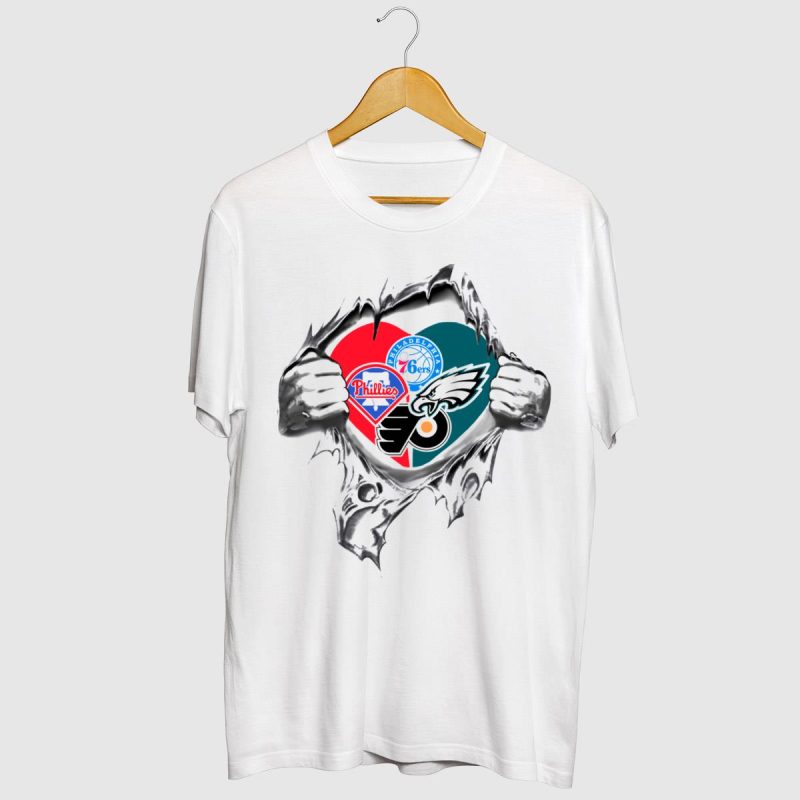 Philadelphia Phillies 76ers Eagles Flyers Heart Graphic T-Shirt for Fans - Image 2