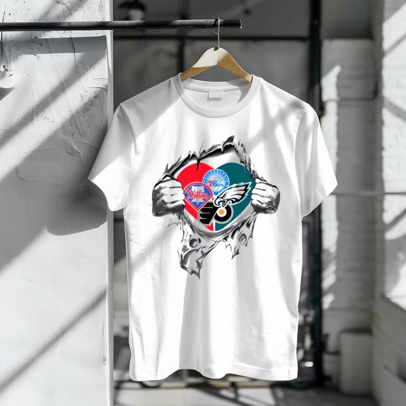 Philadelphia Phillies 76ers Eagles Flyers Heart Graphic T-Shirt for Fans - Image 3